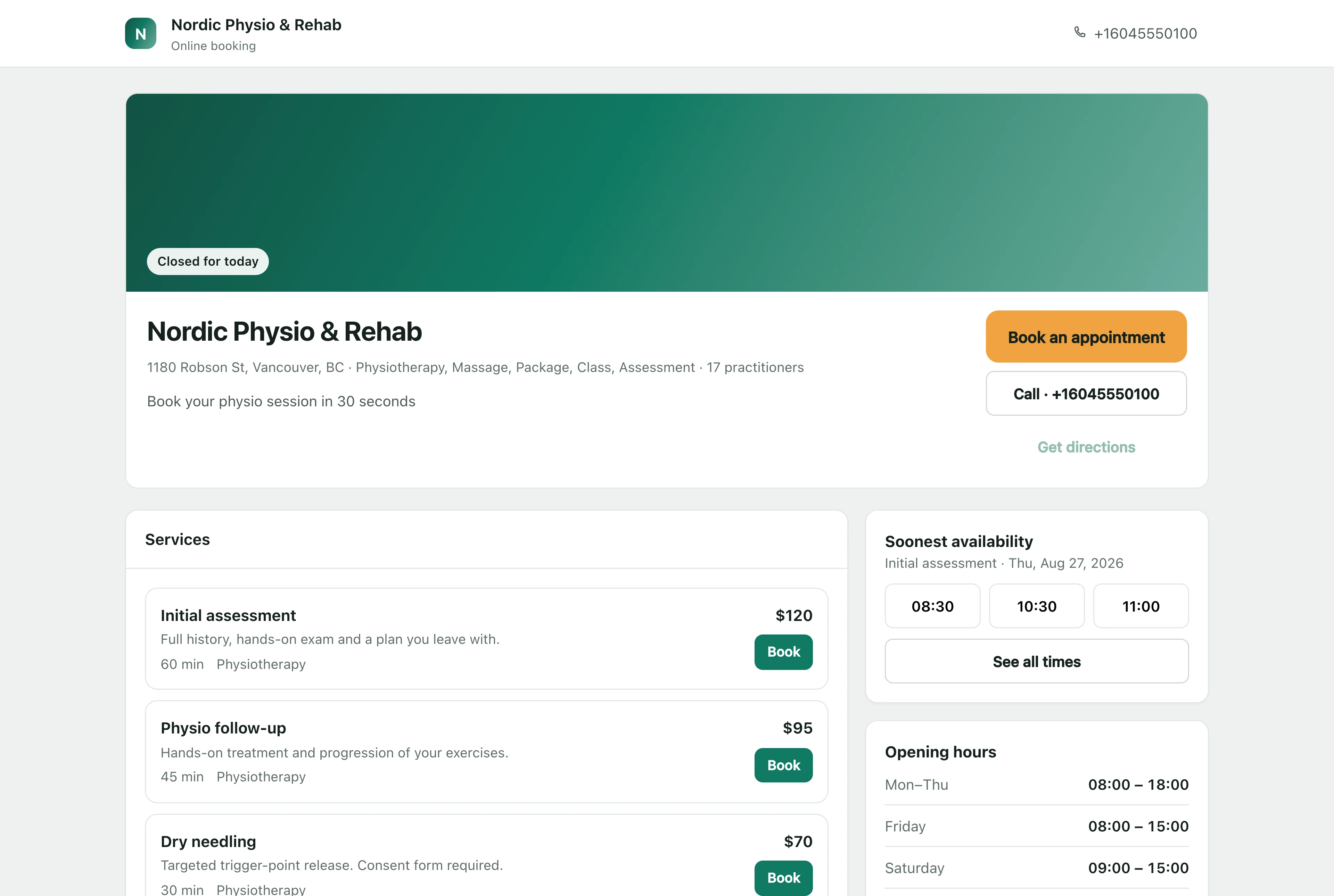 The public booking page: the clinic’s name, its services and prices, the soonest availability and its opening hours.
