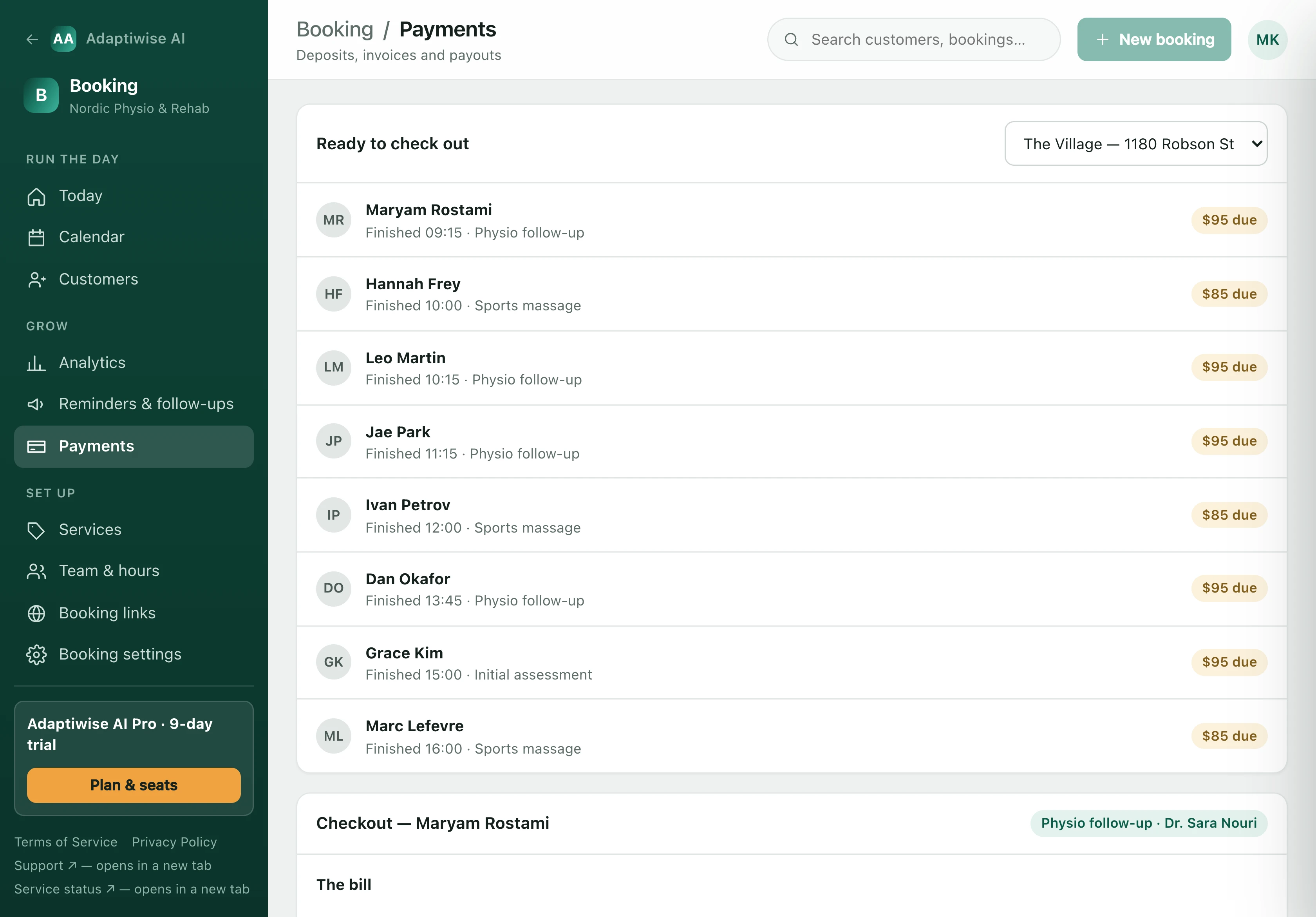 The Payments screen: everyone who has finished today and what each of them still owes, ready to check out.