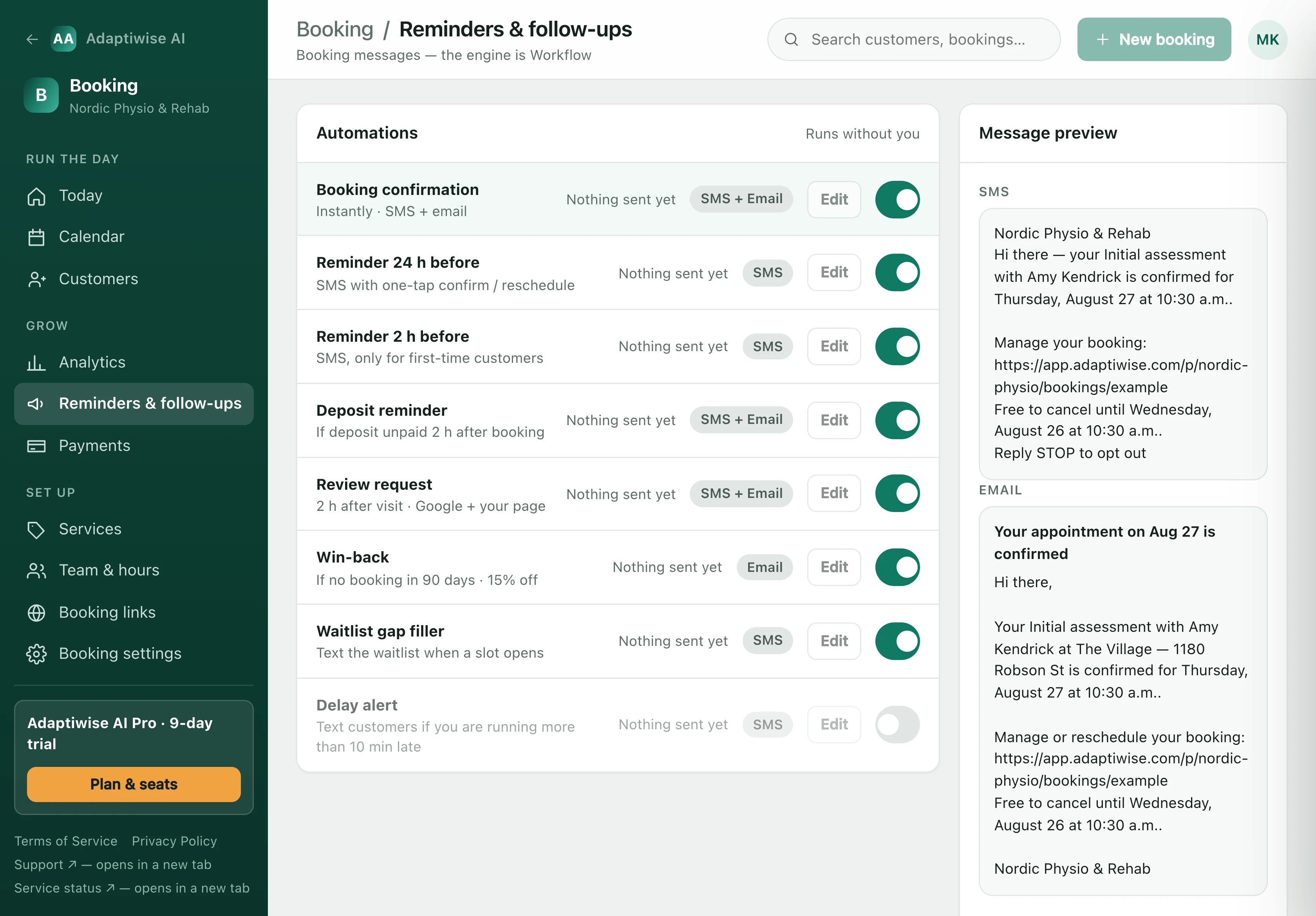 The Reminders screen: eight automations with on and off switches, beside a preview of the SMS and the email that go out under the clinic’s own name.